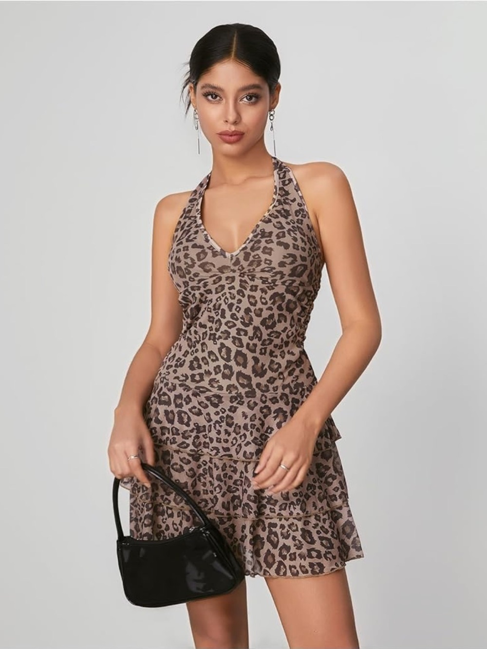 Leopard Halter Mini Dress - Brown